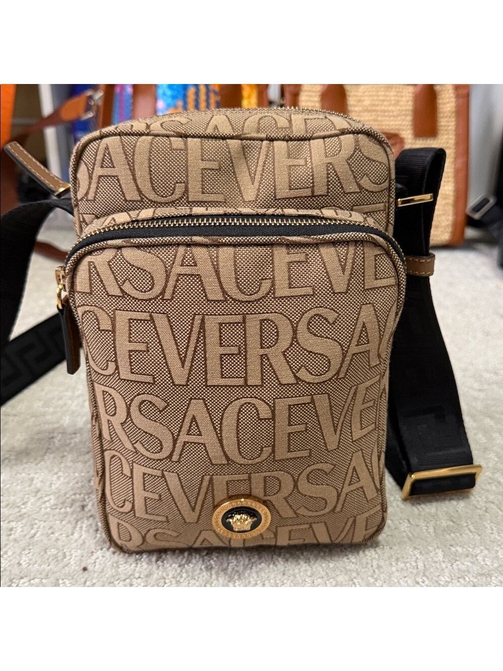 Versace Tan Logo Print Crossbody with Gold Medallion